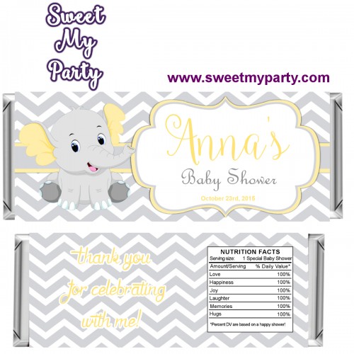 Yellow and grey elephant baby shower candy bar wrappers,(005ebs)
